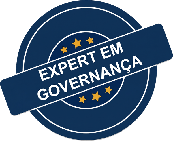Carimbo azul-marinho com estrelas douradas e a faixa “Expert em Governança”